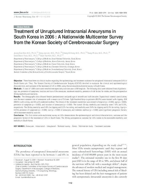 (PDF) Treatment of Unruptured Intracranial Aneurysms in South Korea in ...