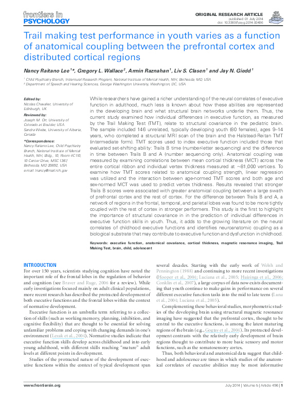 (PDF) Trail making test performance in youth varies as a function of ...