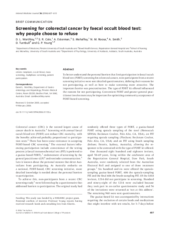 (PDF) Screening for colorectal cancer by faecal occult blood test why people choose to refuse