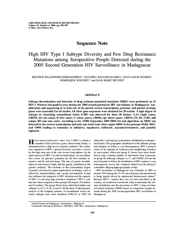 (PDF) High HIV Type 1 Subtype Diversity and Few Drug Resistance ...