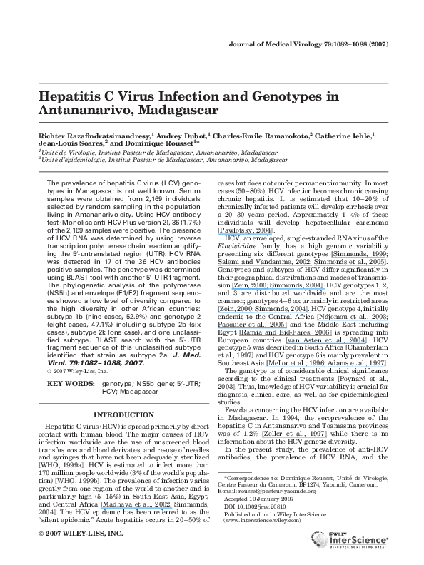 (PDF) Hepatitis C virus infection and genotypes in Antananarivo, Madagascar