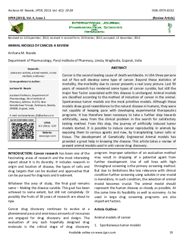 (PDF) Animal Models of Cancer: A Review