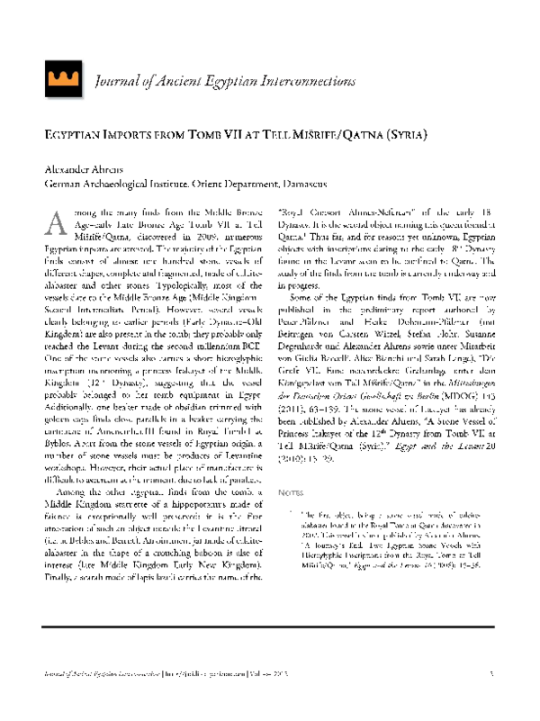 Egyptian Imports from Tomb VII at Tall Mišrife/Qatna, in Journal of