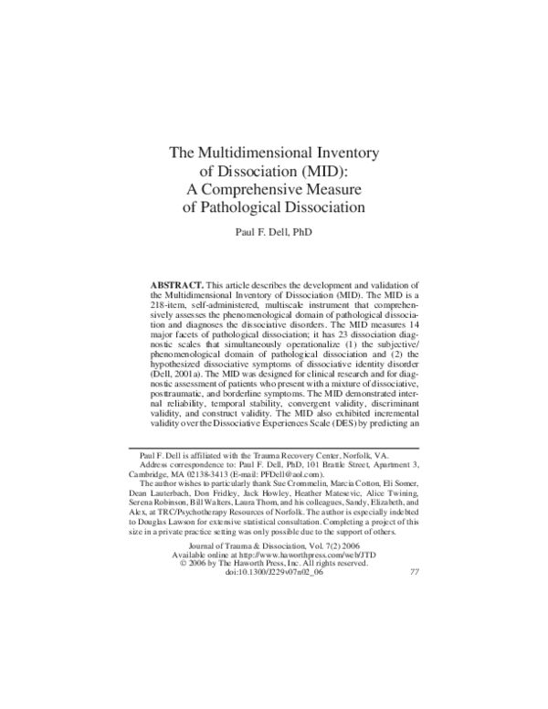 (PDF) The Multidimensional Inventory of Dissociation (MID): A ...