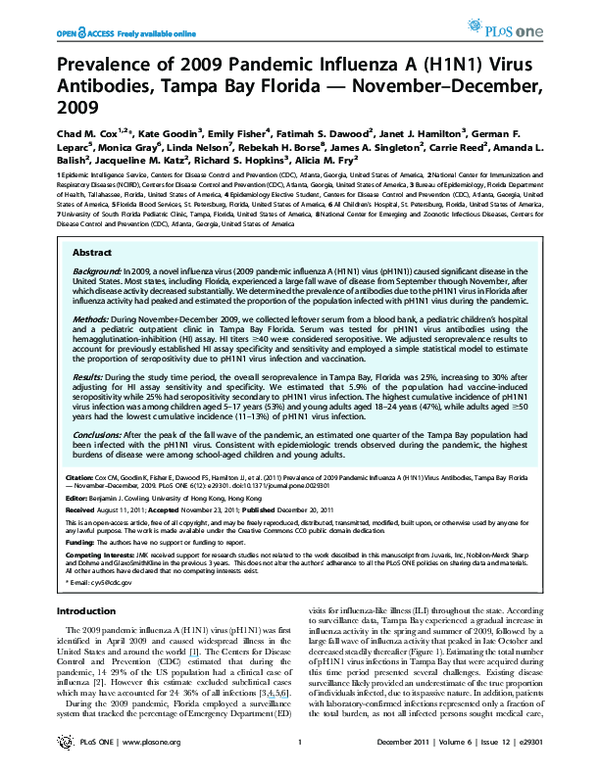 (PDF) Prevalence of 2009 Pandemic Influenza A (H1N1) Virus Antibodies ...