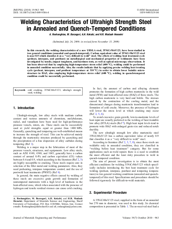 (PDF) Welding Characteristics of Ultrahigh Strength Steel in Annealed ...