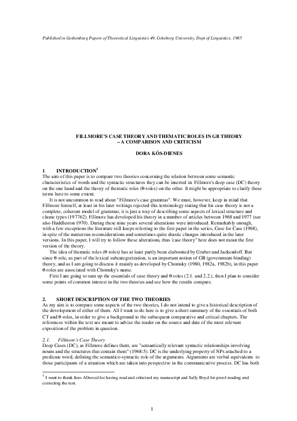 (PDF) FILLMORE'S CASE THEORY AND THEMATIC ROLES IN GB THEORY A