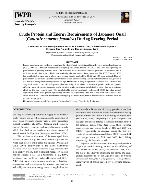 (PDF) Energy and Protein Needs of Growing Japanese Quail