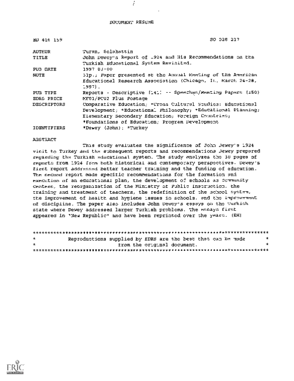 Pdf John Deweys Report Of 1924 And His Recommendations On - 