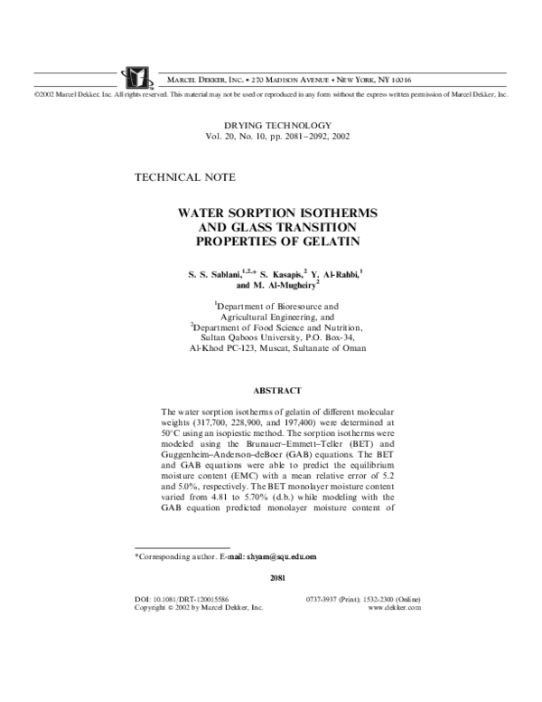 (PDF) Water Sorption Isotherms and Glass Transition Properties of Gelatin Konstantinos