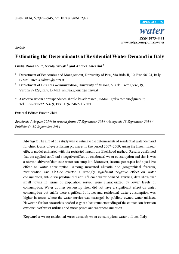 (PDF) Estimating the Determinants of Residential Water Demand in Italy