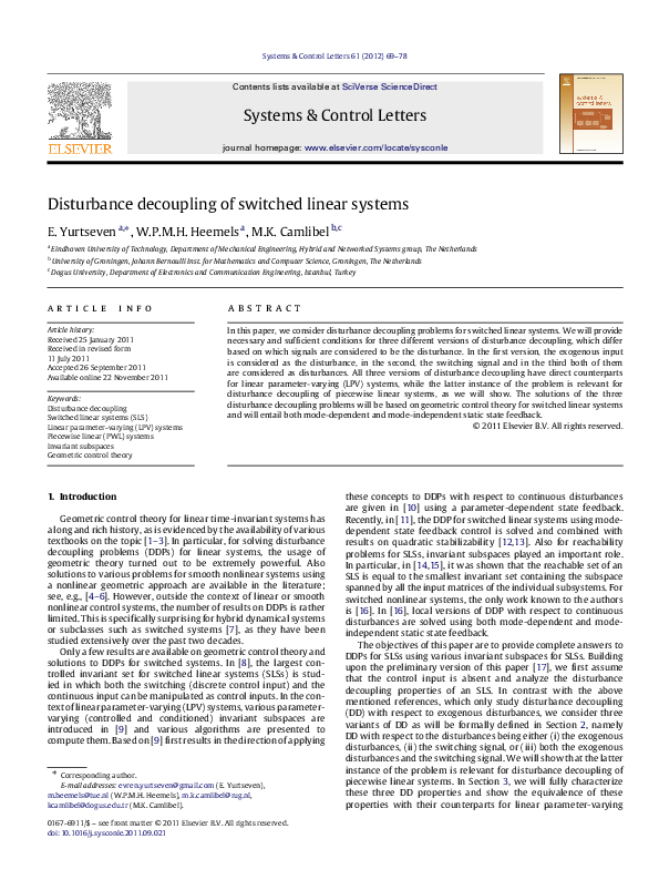(PDF) Disturbance decoupling of switched linear systems