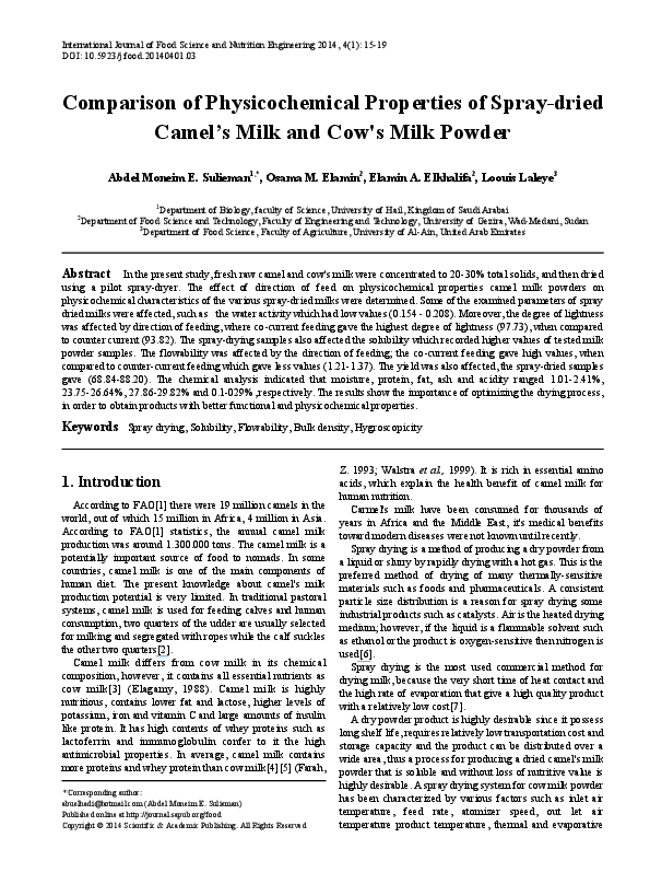 (PDF) Comparison of Physicochemical Properties of Spray-dried Camel’s ...
