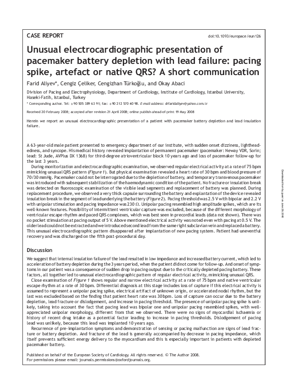 (PDF) Unusual electrocardiographic presentation of pacemaker battery