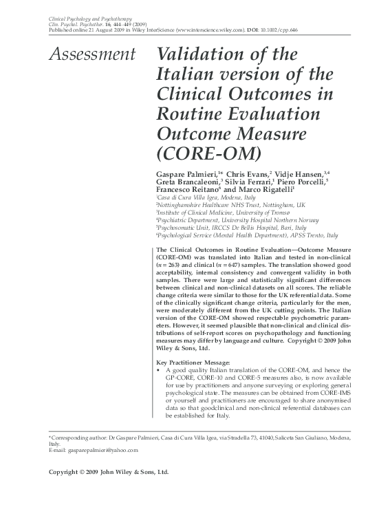 (PDF) Validation of the Italian version of the clinical outcomes in ...