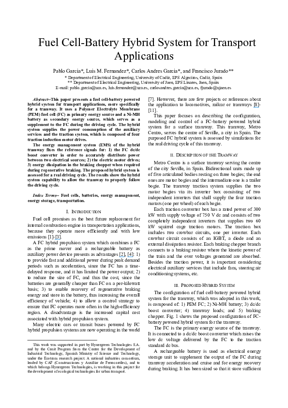 (PDF) Fuel cellbattery hybrid system for transport applications
