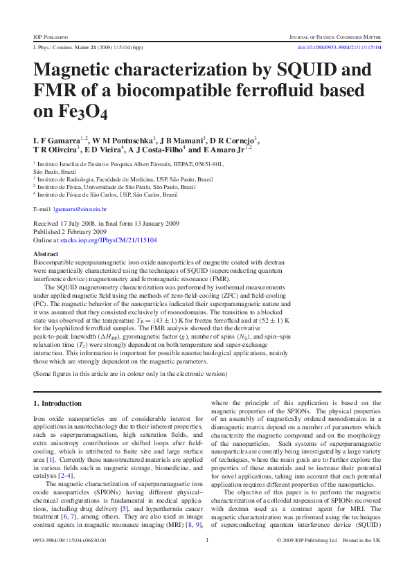 (PDF) Magnetic characterization by SQUID and FMR of a biocompatible ...