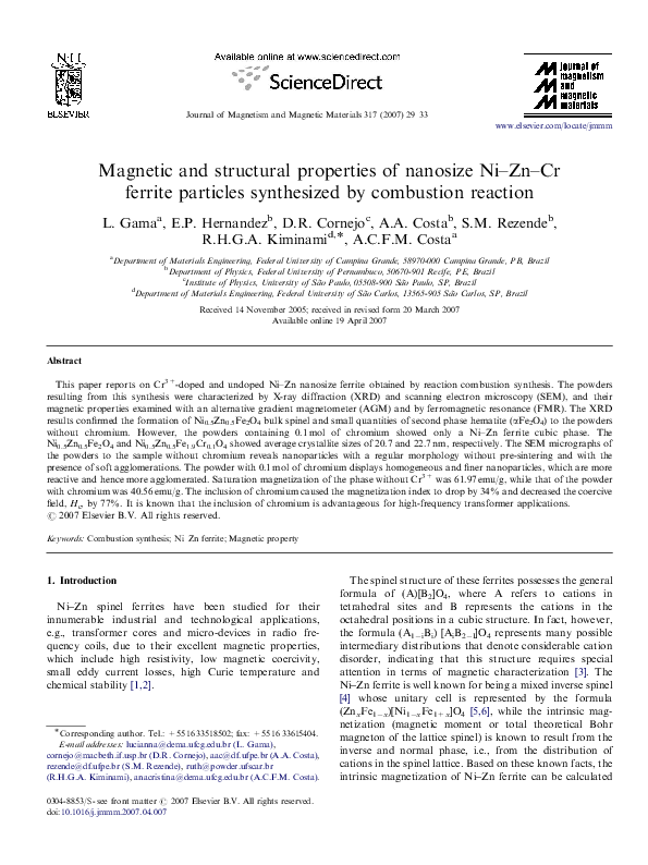 (PDF) Magnetic and structural properties of nanosize Ni–Zn–Cr ferrite ...