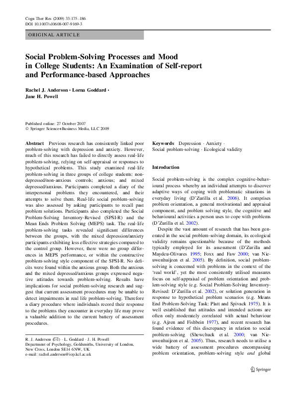 (PDF) Social Problem-Solving Processes and Mood in College Students: An ...