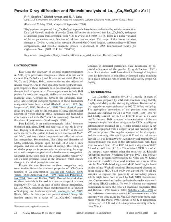 (PDF) Powder X-ray diffraction and Rietveld analysis of La1−xCaxMnO3(0
