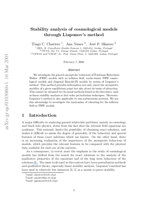 (PDF) Stability analysis of cosmological models through Lyapunov's method