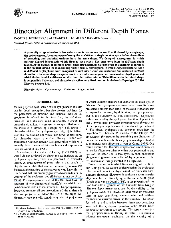 (PDF) Binocular Alignment in Different Depth Planes Casper J Erkelens