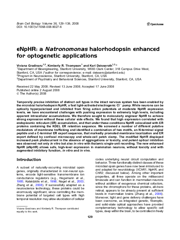 (PDF) eNpHR: a Natronomonas halorhodopsin enhanced for optogenetic ...