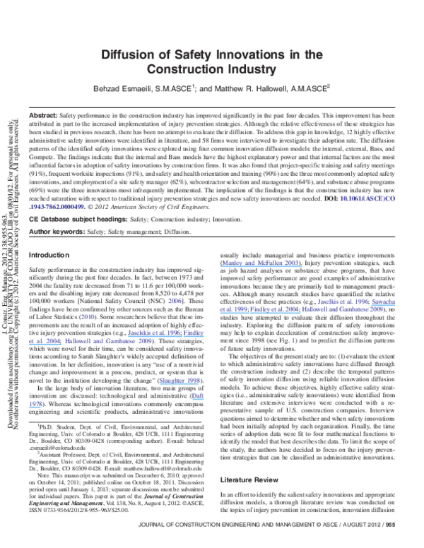 (PDF) Diffusion of Safety Innovations in the Construction Industry