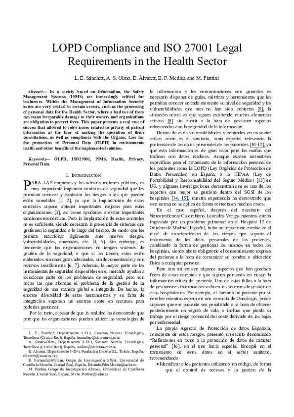 (PDF) LOPD Compliance and ISO 27001 legal requirements in the Health