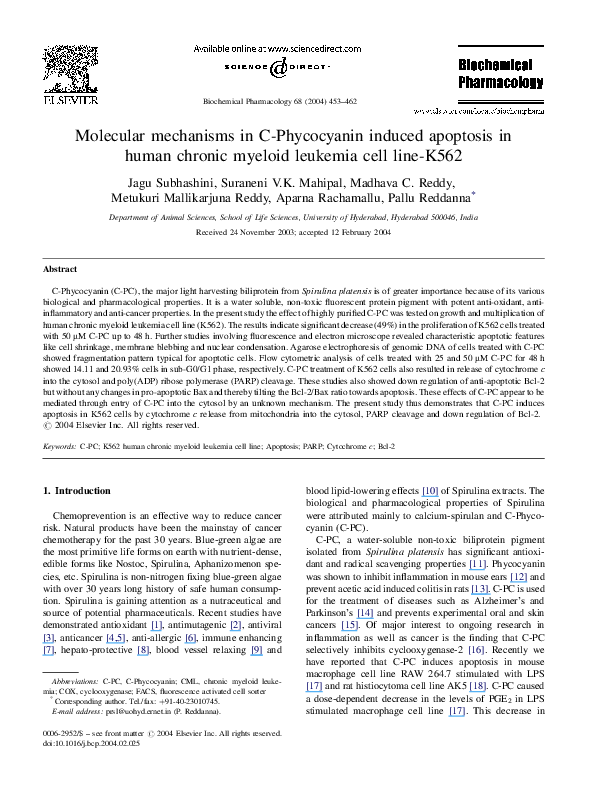 (PDF) Molecular mechanisms in C-Phycocyanin induced apoptosis in human ...