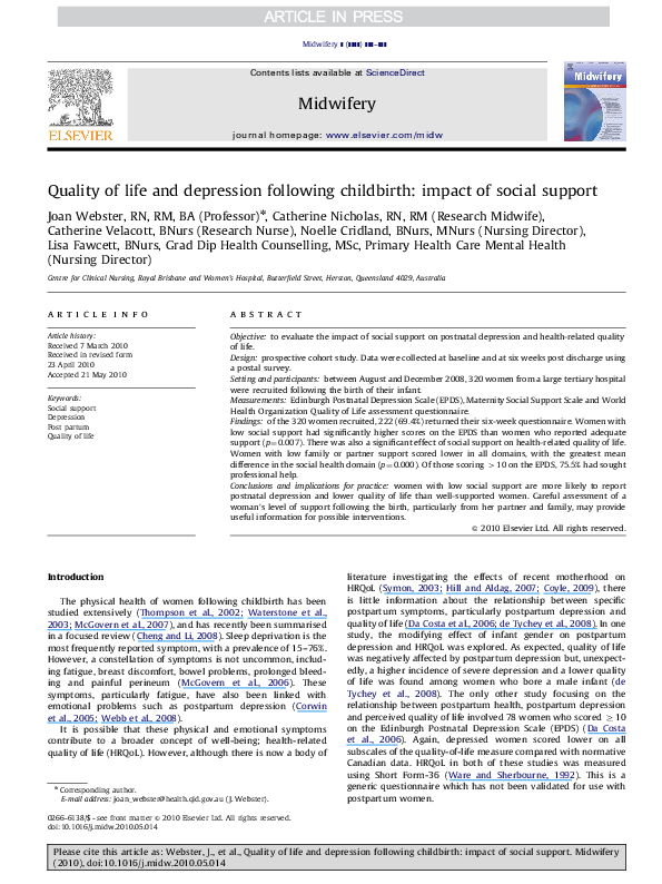 (PDF) Quality of life and depression following childbirth: impact of ...