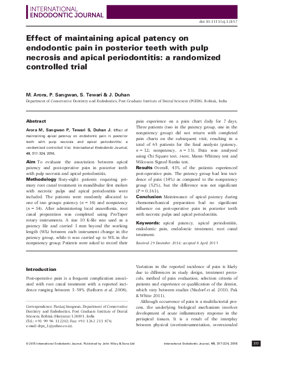 (PDF) Effect of maintaining apical patency on endodontic pain in