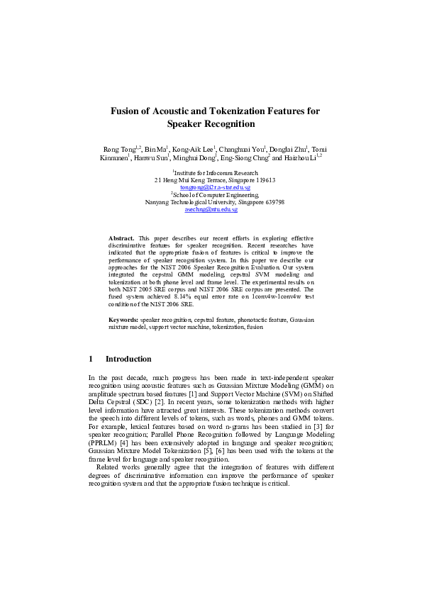 (PDF) Fusion of Acoustic and Tokenization Features for Speaker Recognition