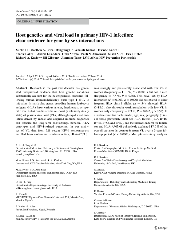 (PDF) Host genetics and viral load in primary HIV-1 infection: clear ...
