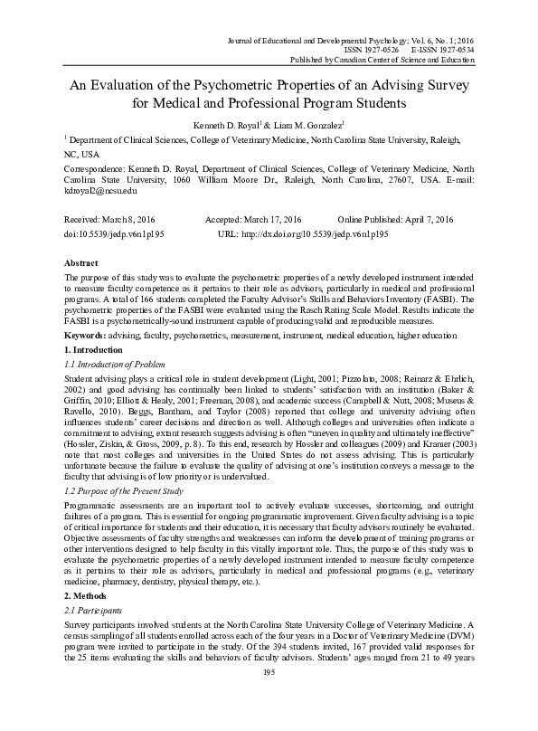 (PDF) An Evaluation of the Psychometric Properties of an Advising ...