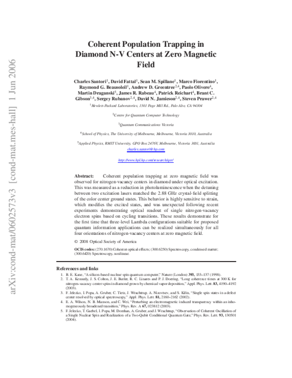 (PDF) Coherent population trapping in diamond N-V centers at zero ...