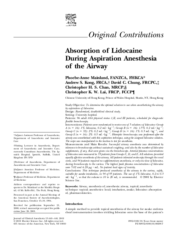 (PDF) Absorption of lidocaine during aspiration anesthesia of the
