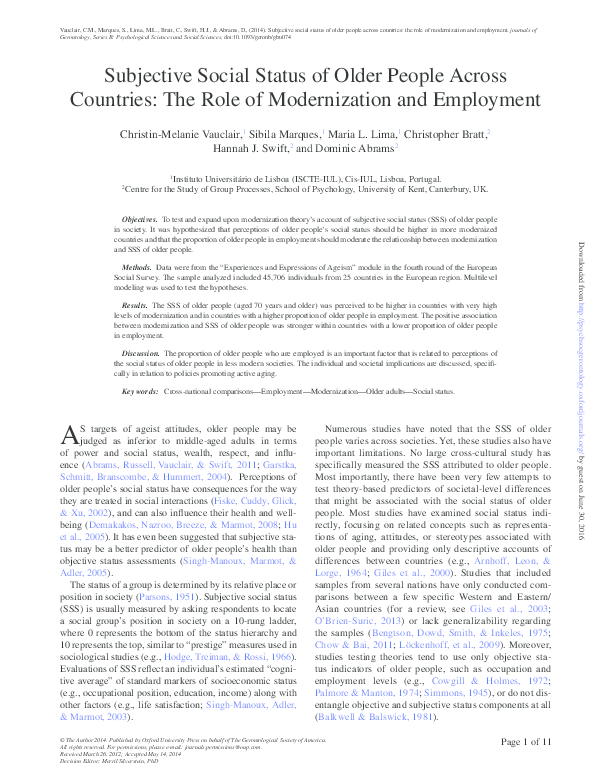 (PDF) Subjective Social Status of Older People Across Countries: The ...