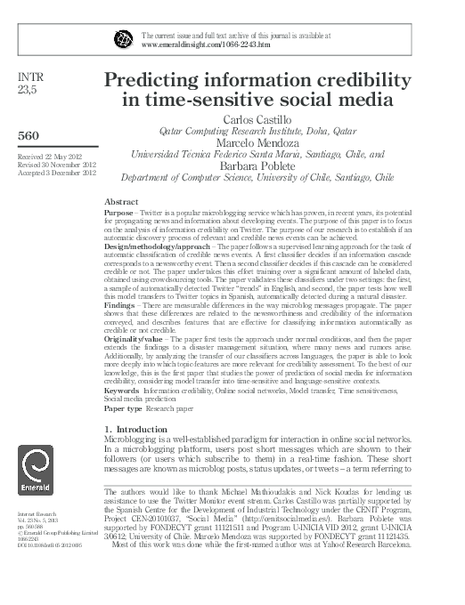 (PDF) Predicting information credibility in time-sensitive social media