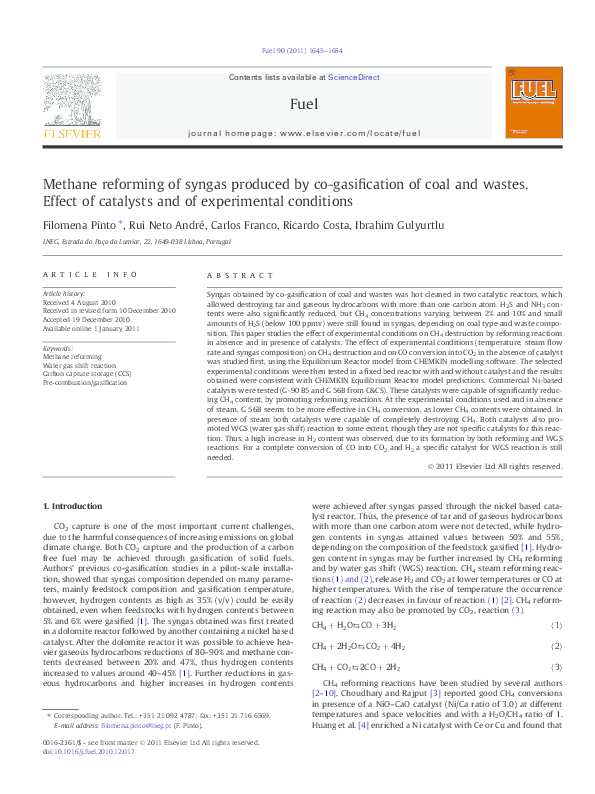 (PDF) Methane reforming of syngas produced by co-gasification of coal ...