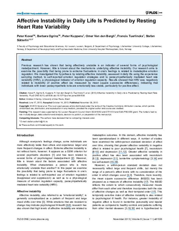 (PDF) Affective Instability in Daily Life Is Predicted by Resting Heart ...