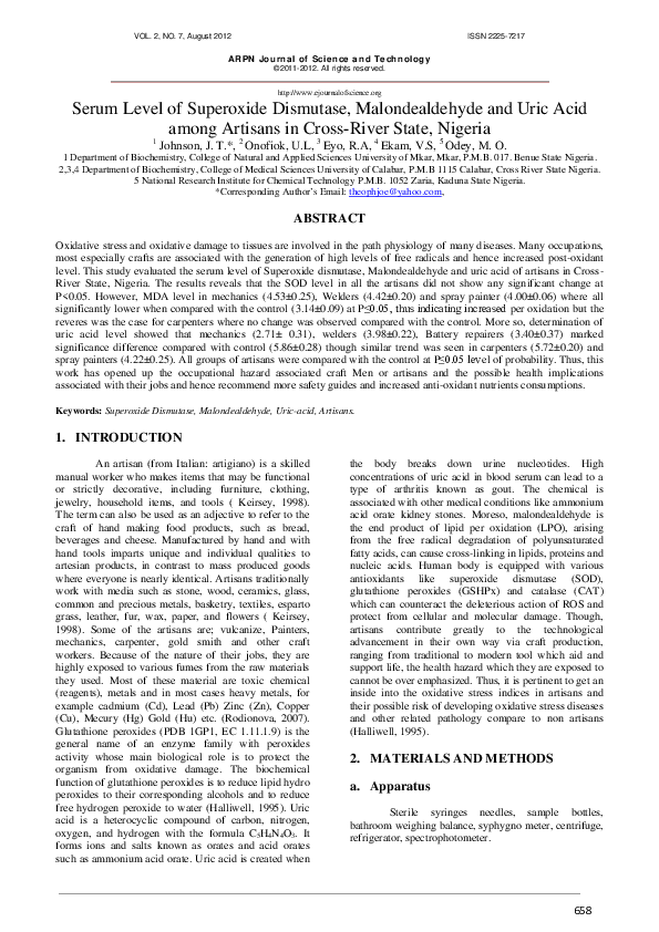 (PDF) Serum Level of Superoxide Dismutase, Malondealdehyde and Uric ...