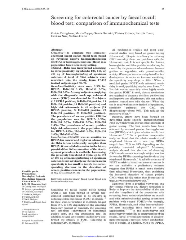 (PDF) Screening for colorectal cancer by faecal occult blood test comparison of immunochemical