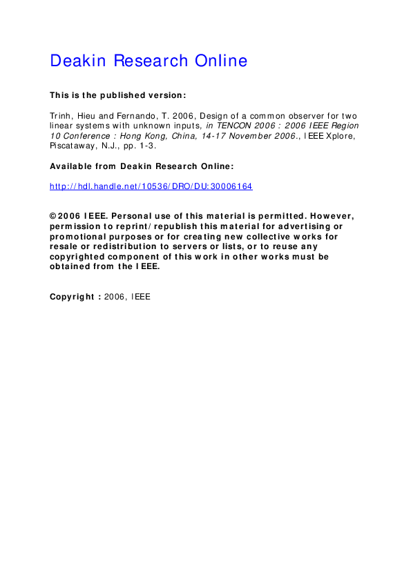 (PDF) Design of a common observer for two linear systems with unknown ...