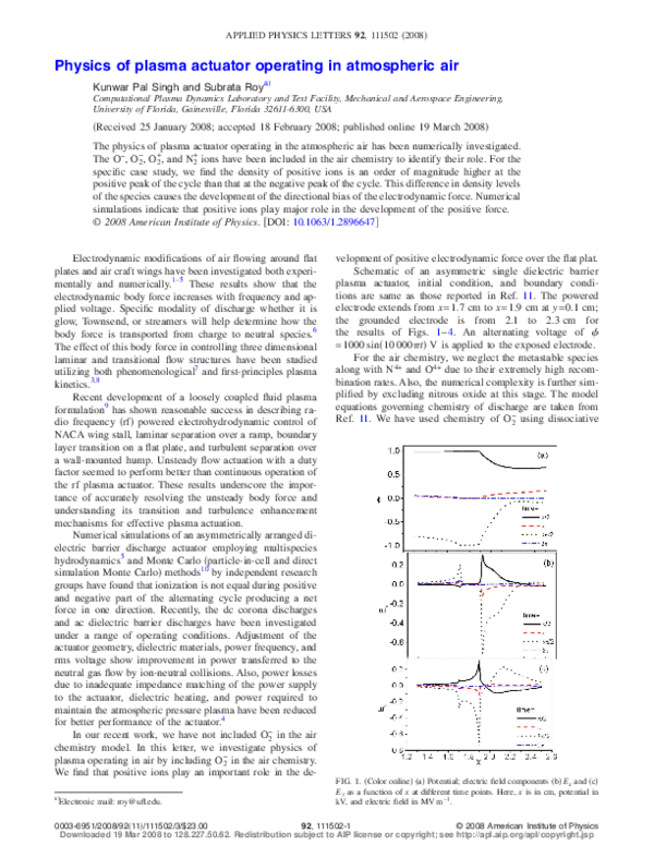 (PDF) Physics of plasma actuator operating in atmospheric air