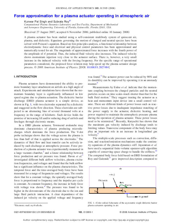 (PDF) Force approximation for a plasma actuator operating in ...