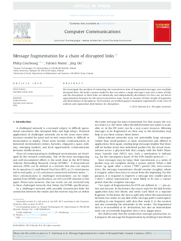 (PDF) Message fragmentation for a chain of disrupted links