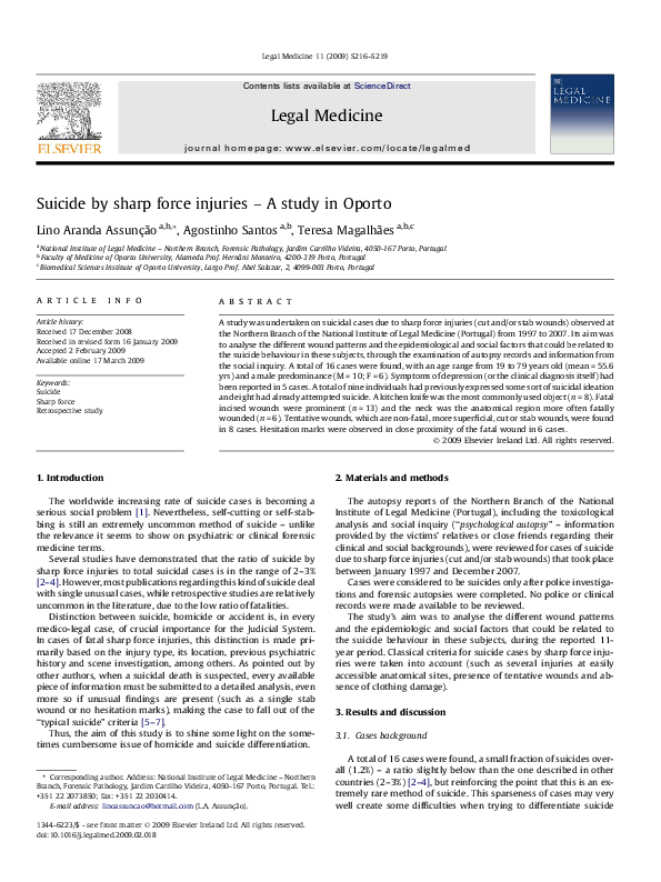(PDF) Suicide by sharp force injuries – A study in Oporto