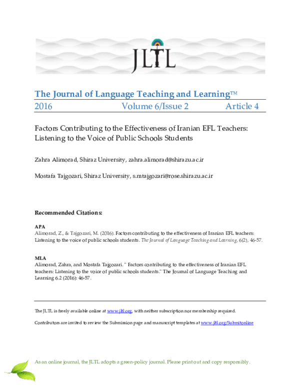 (PDF) Factors Contributing to the Effectiveness of Iranian EFL Teachers ...