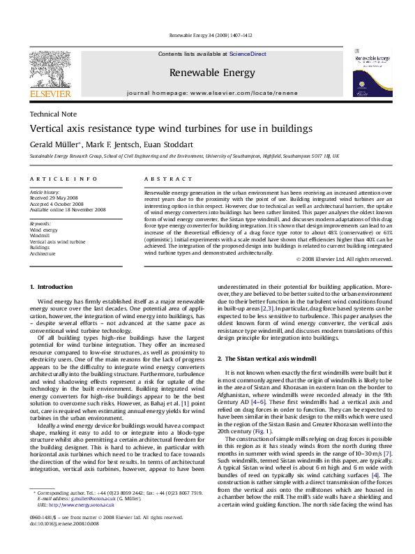 (PDF) Vertical axis resistance type wind turbines for use in buildings